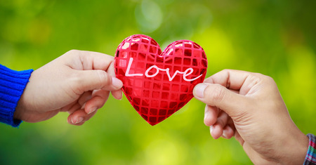 Human hand showing holding heart sign with background, Valentine's day concept.の写真素材