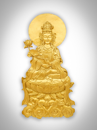 Close up Chinese God Guan Yin craft by golden wooden isolated on white backgroundの写真素材