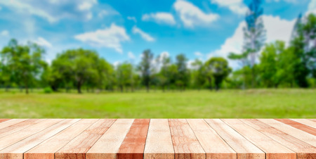 Wooden tabletop with green park nature blurred background use for products or montage displayの写真素材