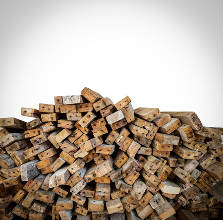 Close up wooden pile stack isolated on white backgroundの写真素材