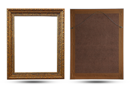 Close up old brown wooden picture frame isolated on white backgroundの写真素材