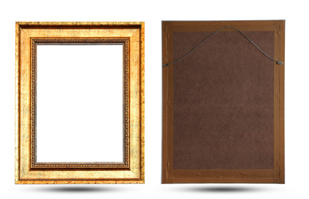 Close up old brown wooden picture frame isolated on white backgroundの写真素材