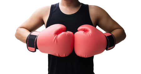 Fighting man with boxing gloves isolated on white backgroundの写真素材