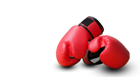 Red fighting gloves isolated on white backgroundの写真素材