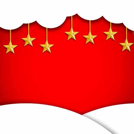 Red christmas background with white clouds and golden star use for texts display or showing celebration backgroundの写真素材