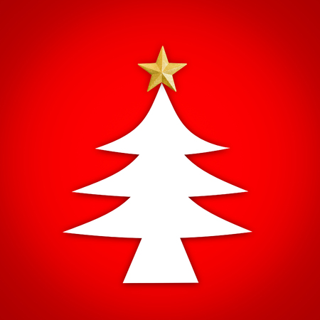 Close up white Chrismas tree icon with golden star on top and red background.の写真素材