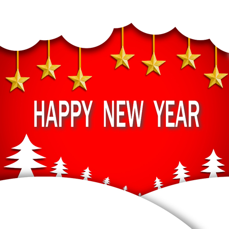 Red Christmas background with white clouds and golden star, Christmas and New Year concept.の写真素材