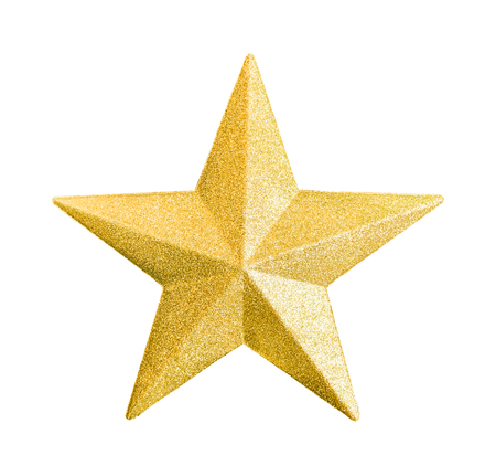 Close up golden star icon with glittery isolated on white backgroundの写真素材