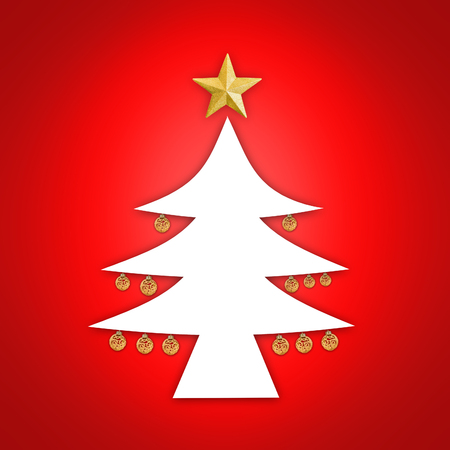 Close up white Chrismas tree icon with golden star on top and red background.の写真素材