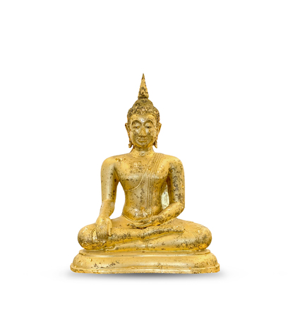 Close up old Golden buddha isolated on white backgroundの写真素材