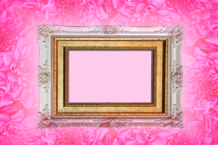 Close up pink flowers background with luxury picture frame use for texts displayの写真素材
