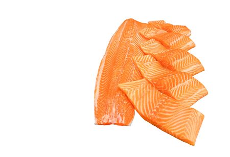 Close up salmon slice ready for cooking isolated on white backgroundの写真素材
