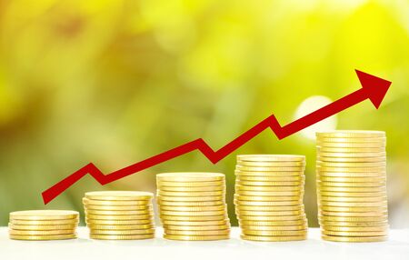 Collect of golden coins with fresh tree growth and bokeh backgroundの写真素材