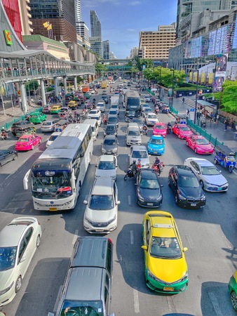 BANGKOK, THAILAND - JUNE 18, 2019 : Traffic jam on Rachadamri road in evening time.のeditorial素材