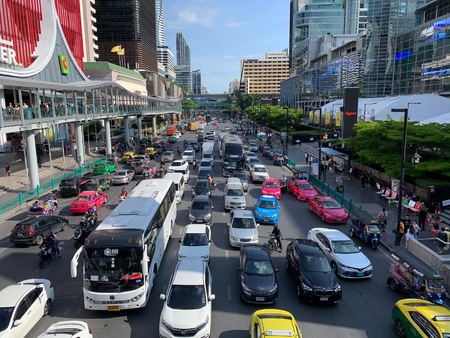 BANGKOK, THAILAND - JUNE 18, 2019 : Traffic jam on Rachadamri road in evening time.のeditorial素材
