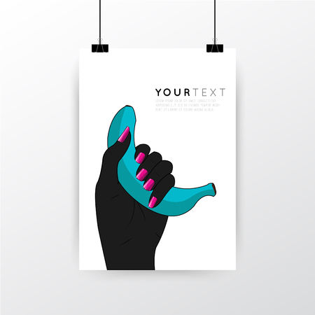 A4 / A3 format poster minimal abstract Beautiful Nail and Blue Banana design with your text, paper clips and shadowのイラスト素材