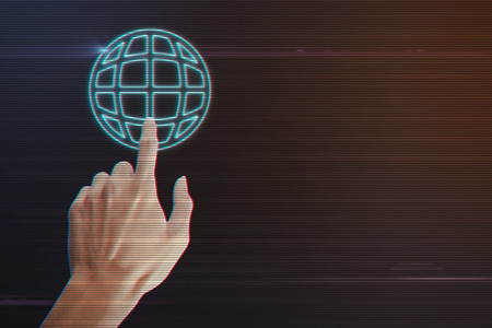 Human Hand Pressing Global Icon on Light Motion Background and Lens Flare - Digital 3d Effect Style Colorの写真素材