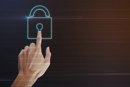 Human Hand Pressing Padlock Icon on Light Motion Background and Lens Flare - Digital 3d Effect Style Colorの写真素材