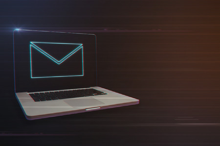 Laptop with E-Mail Icon on Light Motion Background and Lens Flare - Digital 3d Effect Style Colorの写真素材
