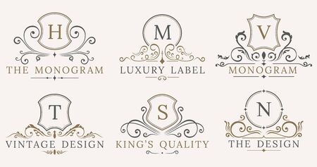 Retro Royal Vintage Shields set. calligraphyc Luxury  design elements. Business signs, identity, spa, hotels, badges elementsのイラスト素材