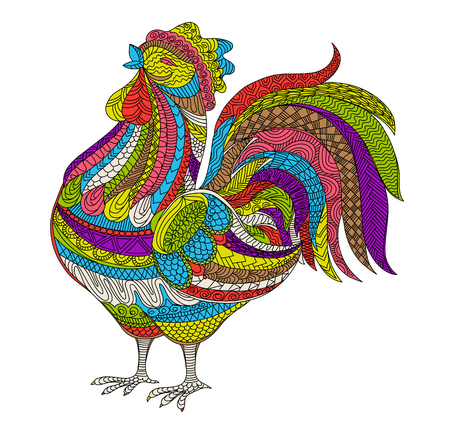 Rooster, Cock vector illustration. Hand drawn farm bird in doodle style for adult antistress coloring pages, books, art therapy. Sketch t-shirt print.のイラスト素材