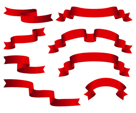 Red glossy ribbon vector banners set. Ribbons collection isolated on white backgroundのイラスト素材