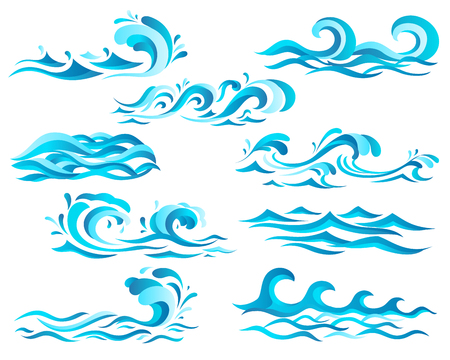 Decorative blue sea waves and surf icons with curls of powerful water stream, splashes and white foam caps. May be used in nature, marine journey or travel themeのイラスト素材