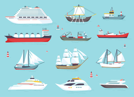 Ships at sea, shipping boats, ocean transport vector icons setのイラスト素材