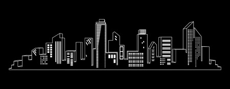Windows shine on city skylines in black and white. City at the nightのイラスト素材