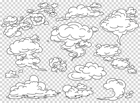Comic book steam clouds set. Cartoon white smoke vector Illustration. Fog flat isolated clipart for design, effects and advertising postersのイラスト素材