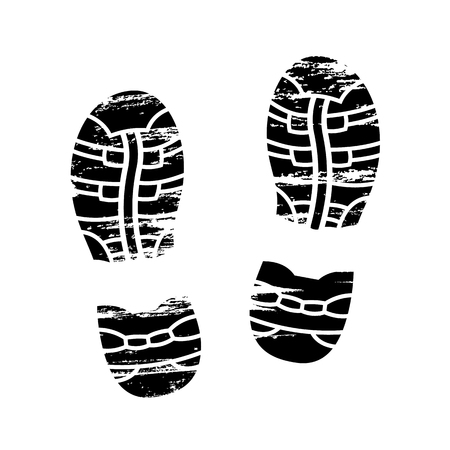 Footprints and shoeprints icons in black and white showing bare feet and the imprint of the soles with the differing patterns of male and female footwear with shoes bootsのイラスト素材
