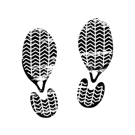 Footprints and shoeprints icon in black and white showing bare feet and the imprint of the soles with patterns of male and female footwear. Shoes boots imprintのイラスト素材