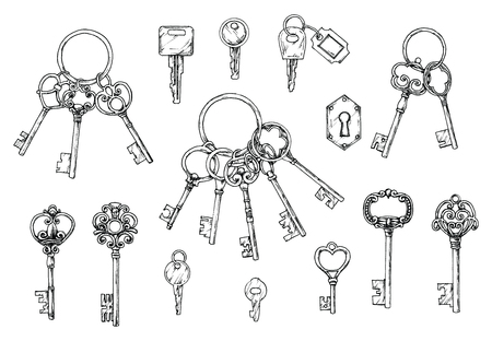 Vector set of hand-drawn antique keys. Illustration in sketch style on white background. Old designのイラスト素材