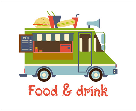 Fast Food Trailer with burger Isolated on white. Street food car, mobile kitchen, restaurantのイラスト素材
