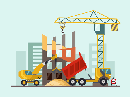 Building work process with houses and construction machines. Vector illustrationの写真素材