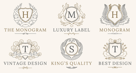 Retro Royal Vintage Shields Logotype set. Vector calligraphyc Luxury logo design elements. Business signs, logos, identity, spa, hotels, badgesのイラスト素材