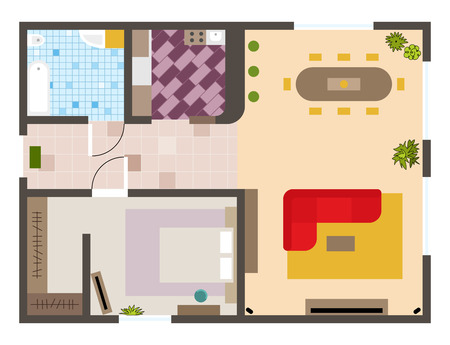 Architectural flat plan top view with living rooms bathroom kitchen and lounge furniture vector illustrationのイラスト素材