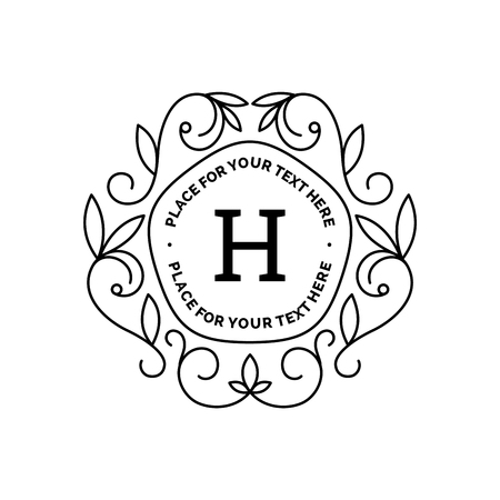 Monogram logo template with flourishes calligraphic elegant ornament frames. Identity design with letter for cafe, shop, store, restaurant, boutique, hotel, heraldic, fashion and etc.のイラスト素材
