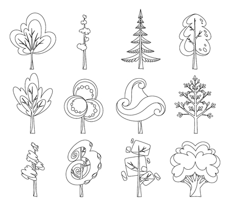 Decorative trees icon set. Flat trees in a flat design for coloring book. Isolated on white. Vector iconsのイラスト素材