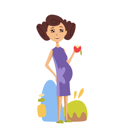 Pregnant woman eating an apple in a purple dressのイラスト素材