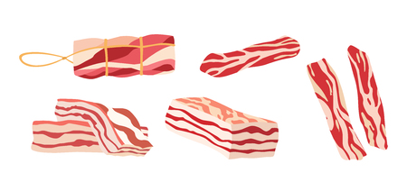 Colored bacon icon with three rashers of fatty pork bacon isolated on white. Set of colorful isolated meats and poultry for calorie table illustrationのイラスト素材