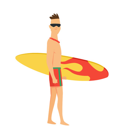 Young man surfboarder with surfboard and sunglasses vector illustartion.のイラスト素材