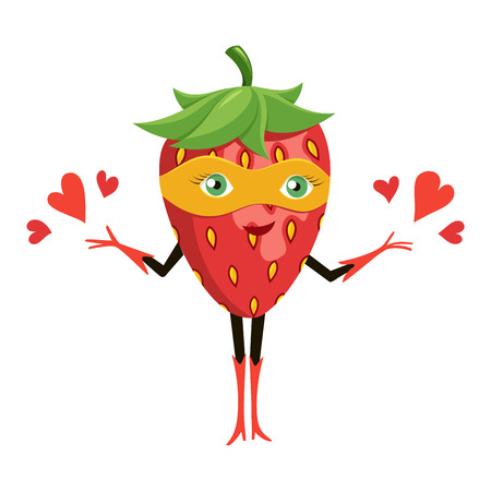Cartoon superhero strawberry in orange mask. Funny fruit super hero. Vector illustration on white background.のイラスト素材