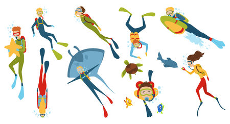 Set of cartoon characters. Underwater divers man and woman with snorkel and mask, vector illustrationのイラスト素材