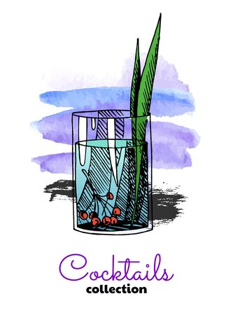 Hand drawn illustration of cocktail and watercolor splash. Vector color summer illustrationのイラスト素材