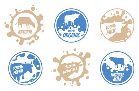 Dairy vintage vector icons, milk badges, cheese packaging labels with farm animal. Dairy badge of set, fresh milk product label and badge illustration.のイラスト素材