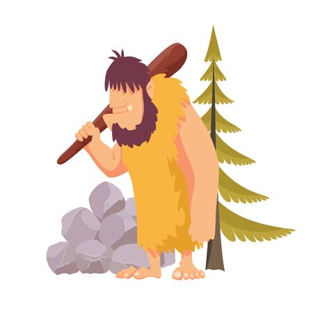 Stone age primitive man in animal hide pelt with big wooden club. Flat style vector illustration isolated on white background.のイラスト素材