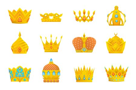 Set of gold crown icons. Collection of crown awards for winners, champions, leadership. Vector isolated elements for logo, label, game, hotel, an app design. Royal king, queen, princess crown.のイラスト素材