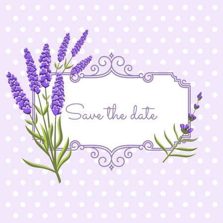 Vintage floral frame with lavender in provence style on dots backgroundのイラスト素材