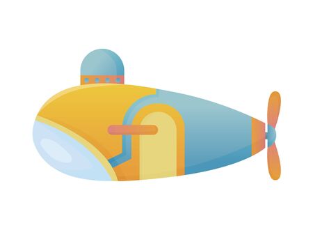 Yellow and blue submarine undersea cartoon style bathyscaphe underwater ship, diving exploring at the bottom of sea flat vector designのイラスト素材